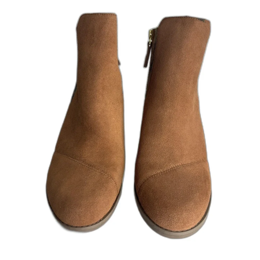 TOMS Boots Womens Size 9 Brown Suede‎ Wedge Ankle Booties Plaid Panel Side Zip